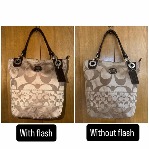 Coach Signature Stripe Khaki Satin Tote Bag Brown Leather Trim Style 14449 - Picture 15 of 16